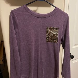 Purple long sleeve tee with gold sequin pocket